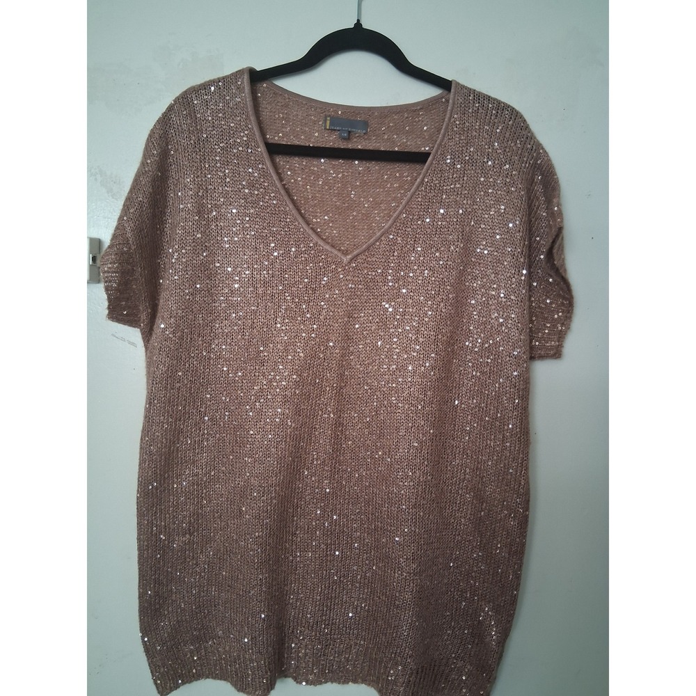 Jeans by‎ Buffalo Womens Sequin V-Neck Short Sleeve Knit Sweater Top Taupe L